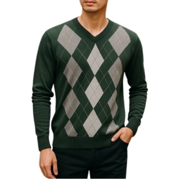 OLD NAVY Mens Argyle Pattern V-Neck Sweater Academia Prep Green Knit Cotton L - Picture 1 of 11